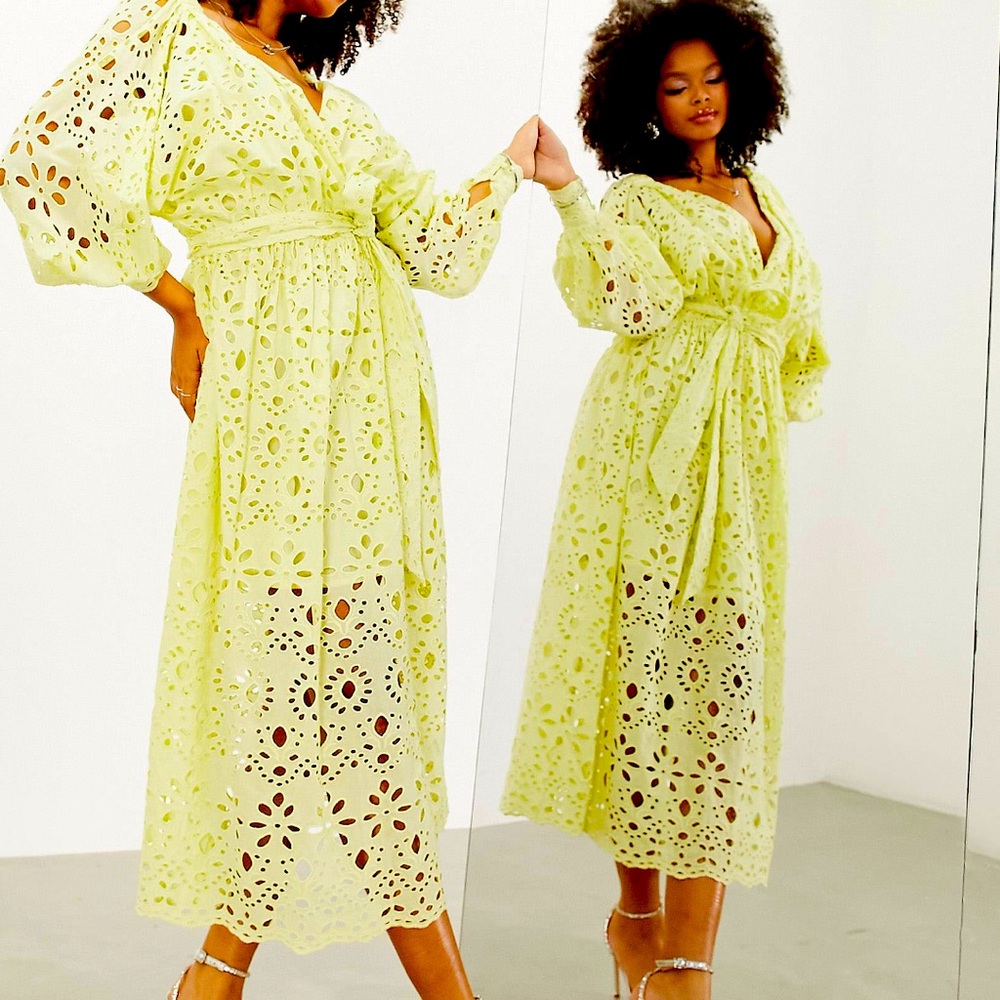 ASOS Broderie Wrap Belted Midi Dress In Lemon-yellow